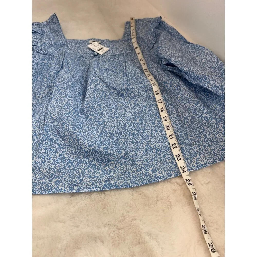 New J Crew Size 2X Square neck ruffle top Blue/White SU23 *Stain* - Picture 6 of 13